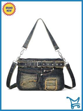 Denim Crossbody Bag Rhinestone Y2K Jean Handbag with Adjustable Strap